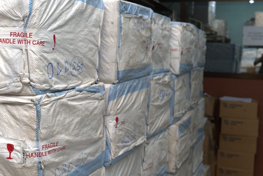 Imported pharmaceutical shipment packaged and ready for handling